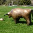 BULL AND BALL (Monumental)    size: 96" x 52" x 24", ball is 13" in diameter    weight: 880 lbs (bull), 60 lbs (ball)    cast bronze (approximated)